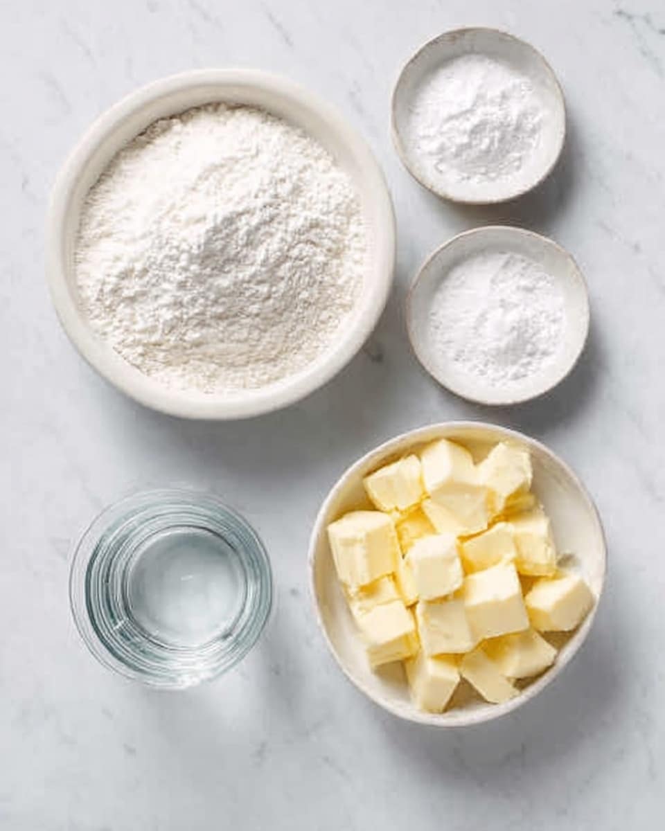 The image shows four white bowls arranged on a white marbled surface. The largest bowl at the top left is filled with white flour that has a small mound in the center. To its right, two smaller white bowls hold salt and baking powder, each with a fine white powder inside. Below the flour bowl, there is a clear glass of water. On the bottom right, a white bowl is filled with pale yellow cubes of butter, neatly arranged in layers. The overall setting is clean, light, and simple. Photo taken with an iphone --ar 4:5 --v 7