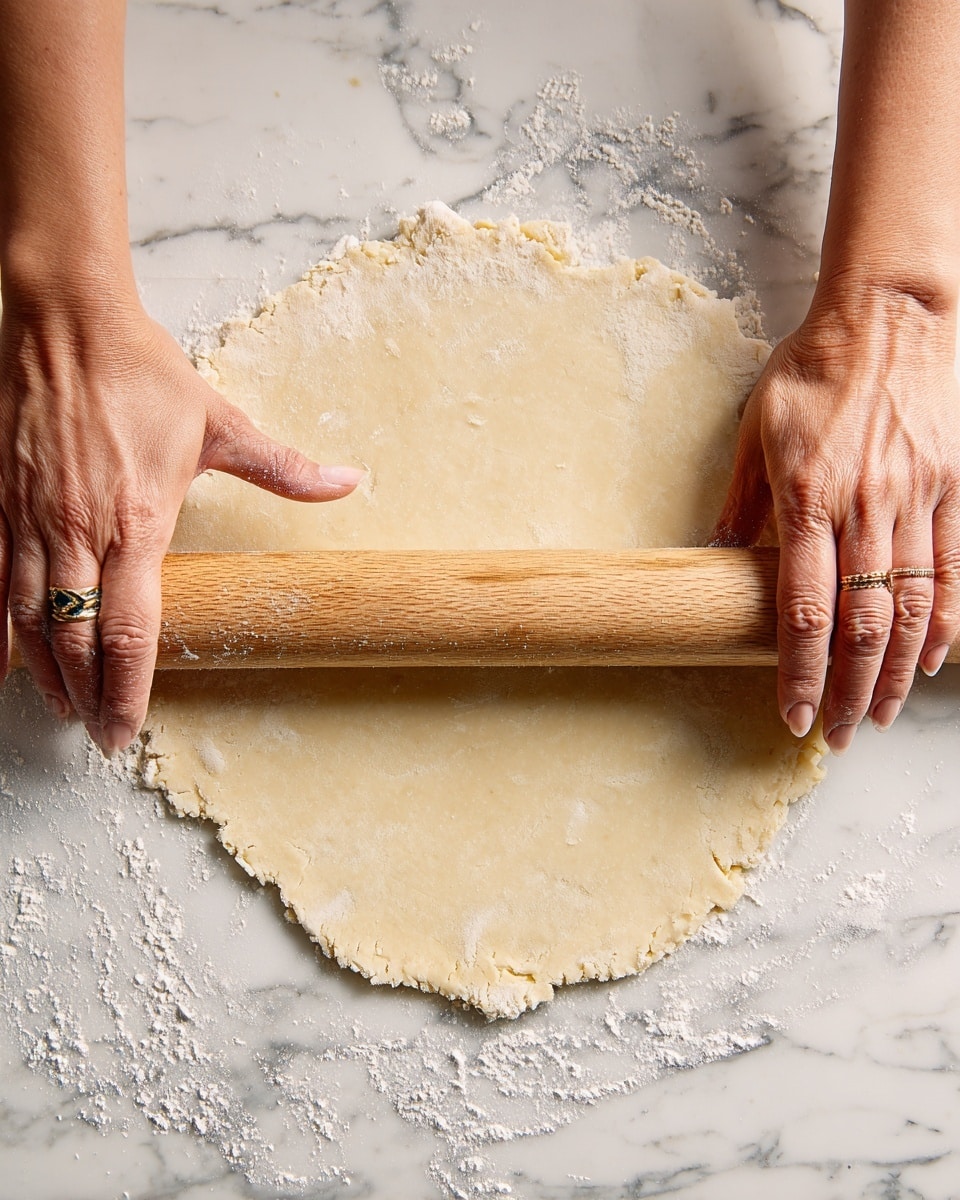 A close-up image shows two woman's hands rolling out pale yellow dough on a white marbled surface. The dough is flat and circular with a slightly uneven edge, and there is a light dusting of flour scattered around the dough and on the woman's hands. A long wooden rolling pin is held horizontally across the dough by the woman's hands, which have rings on the fingers. The texture of the dough looks soft and smooth, and the scene has a warm, natural light. Photo taken with an iphone --ar 4:5 --v 7