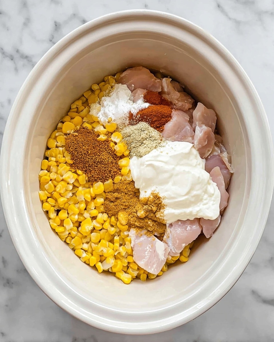 Inside a white slow cooker, there are four main layers. The bottom left layer shows small pieces of raw light pink chicken. On the right side, bright yellow corn kernels fill about half the space. On top of the chicken and corn, there are two dollops of thick white cream. Between the chicken and cream, several small piles of different powders and spices in light brown, reddish-brown, and white are placed, adding color contrast. The scene is set against a white marbled surface. Photo taken with an iphone --ar 4:5 --v 7