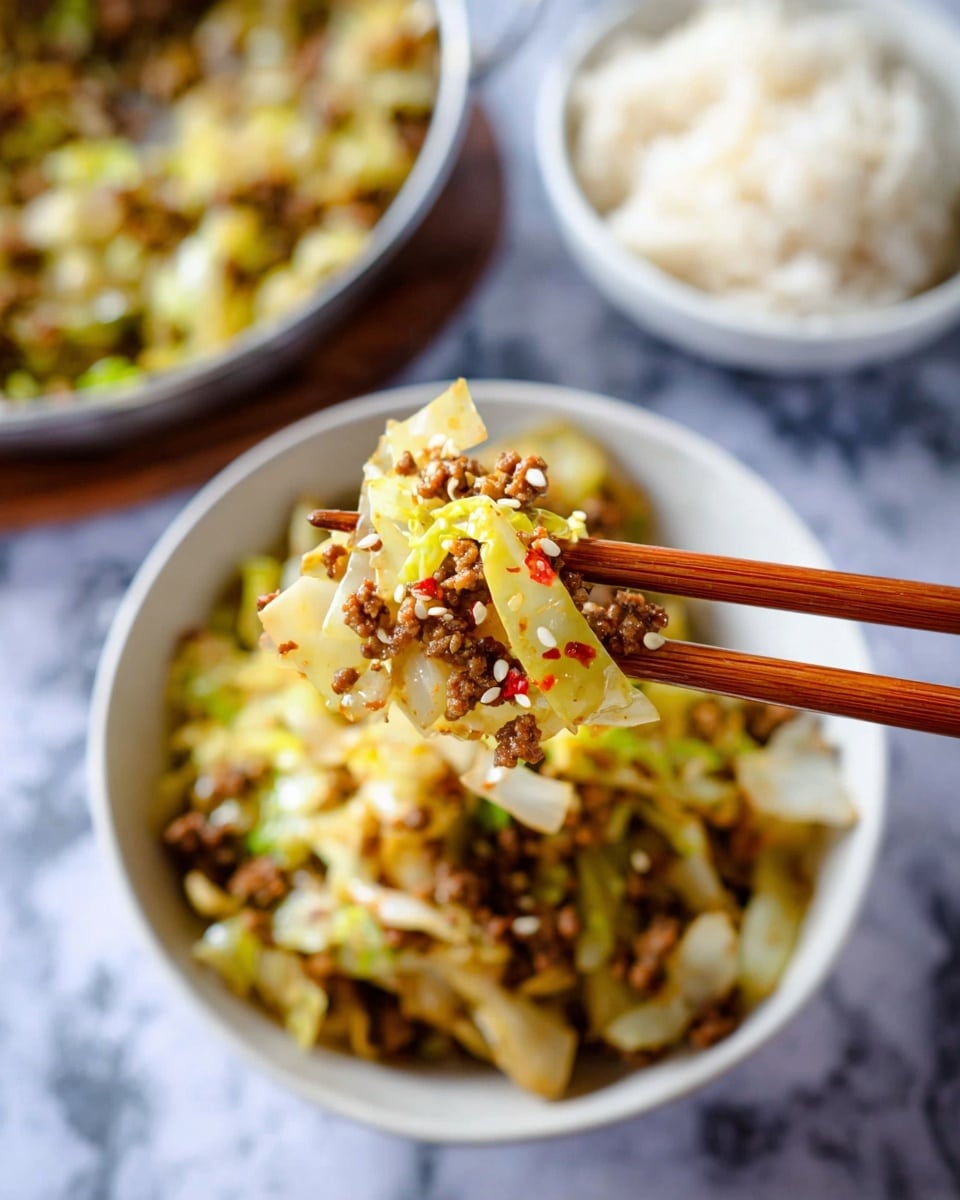 A close-up shot shows light brown wooden chopsticks holding a small serving of stir-fried dish with three visible layers: pale yellow cabbage strips mixed with small pieces of cooked brown ground meat, garnished with white sesame seeds and tiny red chili flakes, all held above a white bowl filled with more of the same cabbage and meat mix. In the background, there is another white bowl containing plain white rice, and more of the stir-fried dish in a larger container. The surface beneath is a white marbled texture, giving a clean and bright look to the image. photo taken with an iphone --ar 4:5 --v 7