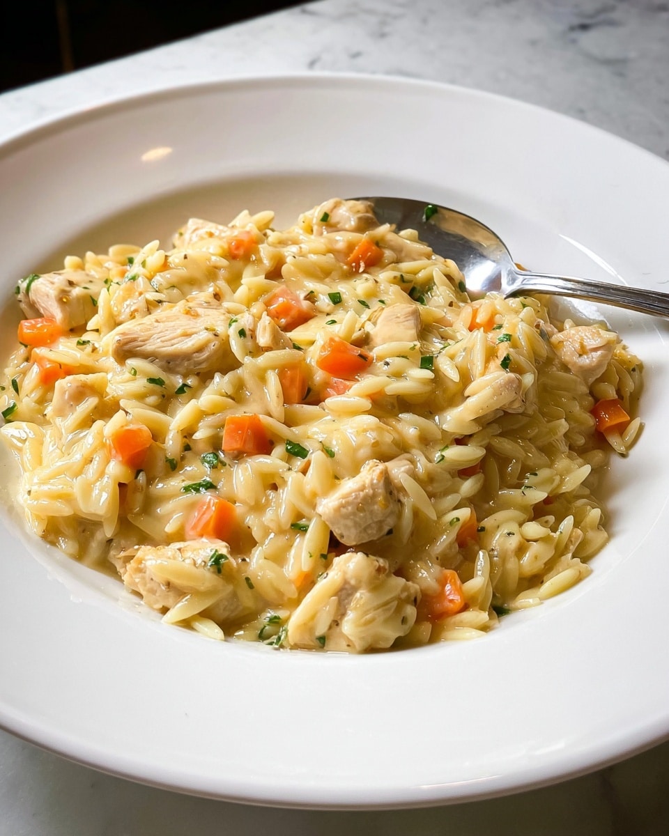 A creamy dish of orzo pasta mixed with small pieces of light beige chicken and soft orange carrot cubes, all evenly coated in a smooth, pale yellow sauce. The pasta and chicken are scattered in layers, with small green herb bits sprinkled throughout, adding a hint of green color. The food is served on a white plate with a silver spoon partially under the pile on the right side. The plate sits on a white marbled surface with a soft light coming from above, creating gentle shadows. Photo taken with an iphone --ar 4:5 --v 7