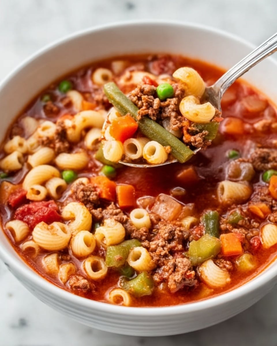A white bowl filled with a thick soup made of small round pasta, ground meat, diced carrots, green peas, and tomato bits in a red broth. A silver spoon is lifting a mix of pasta, meat, and green beans above the bowl. The bowl sits on a white marbled surface. The overall look is hearty and colorful with reds, greens, and browns all mixed in one layer of soup photo taken with an iphone --ar 4:5 --v 7