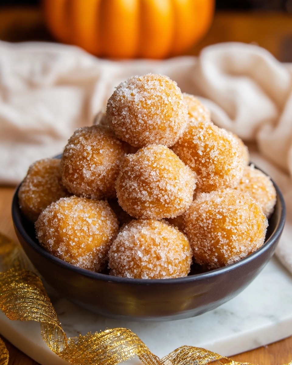 A dark bowl filled with about a dozen small round orange balls covered in a light layer of sugar crystals, showing a rough texture on the top and sides of each ball. The balls are piled high in the bowl with some stacked above others, creating a layered look. The background includes a light orange pumpkin shape and a soft white cloth, all set on a white marbled surface. Golden ribbon curls sit near the base of the bowl, adding a festive touch. photo taken with an iphone --ar 4:5 --v 7