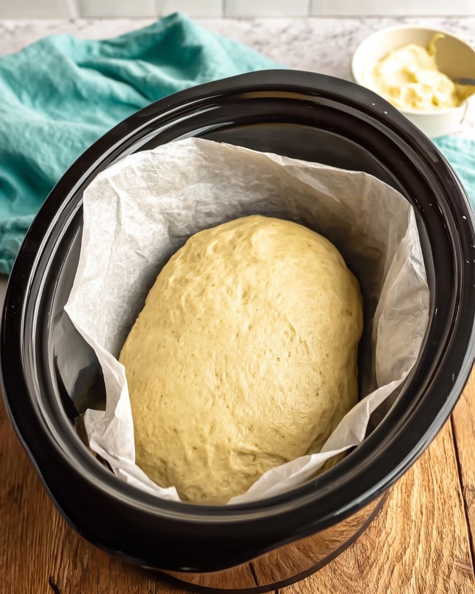 A large, oval-shaped dough ball with a smooth, pale golden surface rests inside a black slow cooker lined with white parchment paper, the dough slightly risen and puffed. The slow cooker is placed on a wooden surface with a folded light turquoise cloth in the top background and a small white bowl with creamy spread slightly visible on the right side. The scene has soft natural light and a white marbled textured background. Photo taken with an iphone --ar 4:5 --v 7