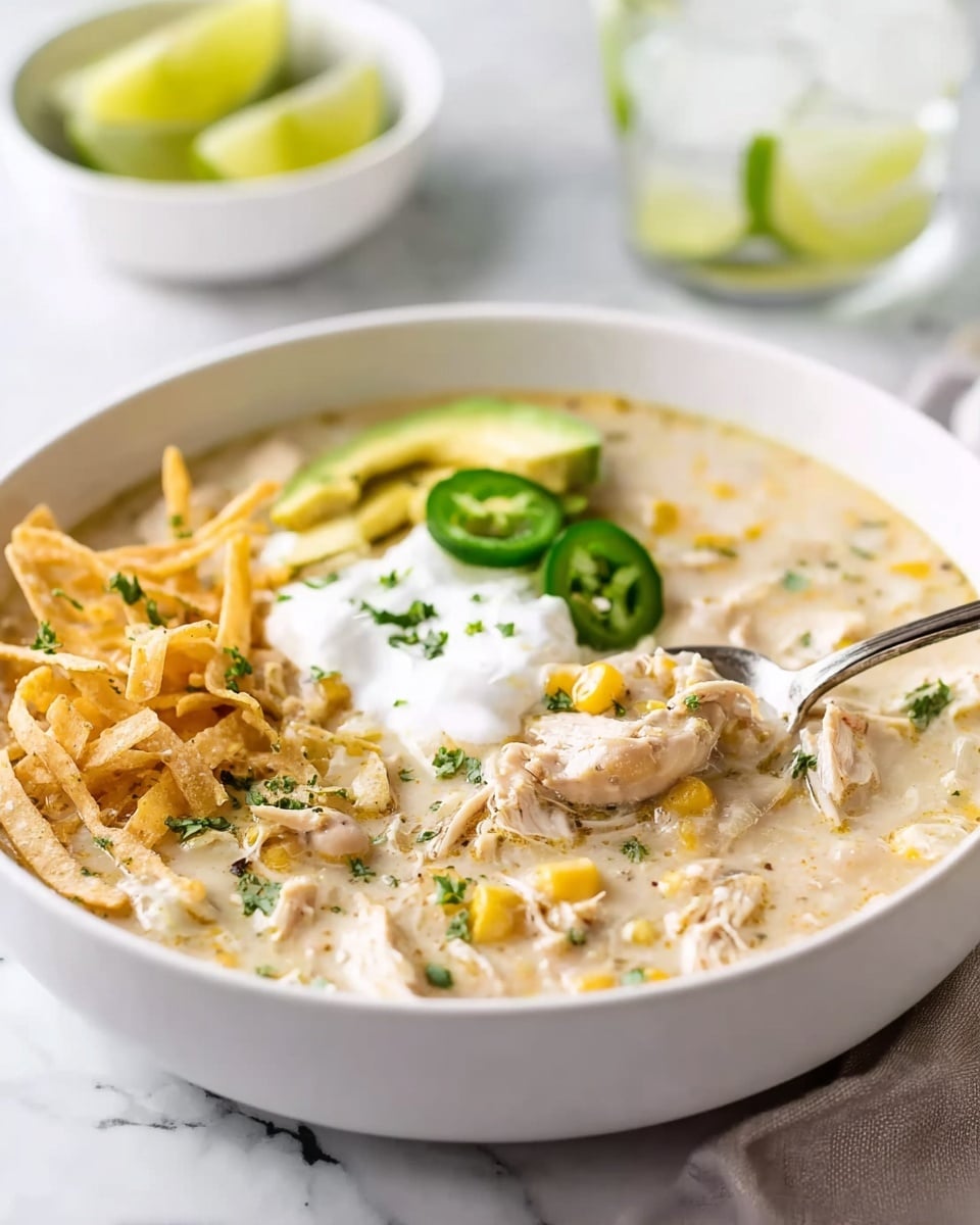A white bowl filled with creamy chicken soup, showing visible chunks of shredded chicken and yellow corn pieces in a thick, light beige broth. On top, there is a dollop of white sour cream in the center, green slices of jalapeño peppers and avocado on one side, and crispy golden tortilla strips piled on the other side. Small green herbs are sprinkled over the surface of the soup. A silver spoon resting inside the bowl scoops up the soup, showing its creamy texture. In the background, a white bowl of lime wedges and a glass with ice sit on a white marbled surface. Photo taken with an iphone --ar 4:5 --v 7