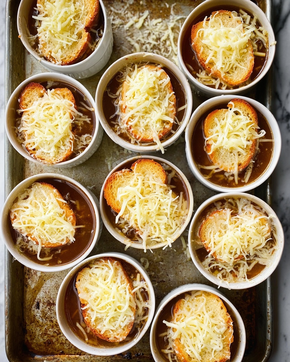 The image shows ten white ceramic bowls filled with a clear brown soup, arranged on a metal baking tray with some scattered cheese around. Each bowl has two or three toasted golden-brown bread slices partly submerged in the soup, topped with a thick layer of shredded pale yellow cheese. The bowls are placed closely together, and the cheese appears soft and melting slightly on top of the bread. The baking tray has a rustic look with some stains, and the background is a white marbled texture. Photo taken with an iphone --ar 4:5 --v 7