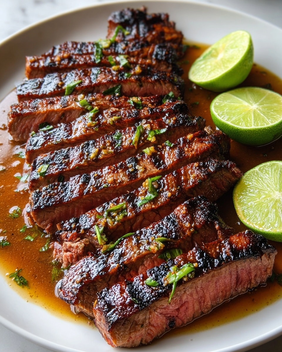 The image shows a white plate with two rows of sliced grilled steak, each slice having a dark, caramelized outer layer with grill marks and a pink, juicy center. The steak is garnished with small green herbs and sits in a pool of brown sauce. On the plate, there are four lime wedges, two on the bottom right and two on the top left, adding a fresh green and yellow color contrast. The background is a white marbled surface. Photo taken with an iphone --ar 4:5 --v 7