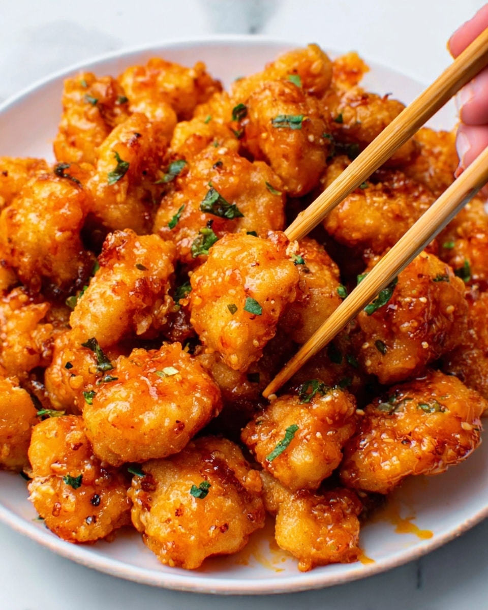 The image shows many small, crispy fried chicken pieces covered in a shiny, sticky orange sauce. The chicken pieces are piled together on a white plate. They look crunchy with a rough textured coating. Tiny green bits of chopped herbs are sprinkled on top, adding a fresh touch. A woman's hand is holding light wooden chopsticks picking up one piece of the chicken. The background shows a white marbled surface. photo taken with an iphone --ar 4:5 --v 7