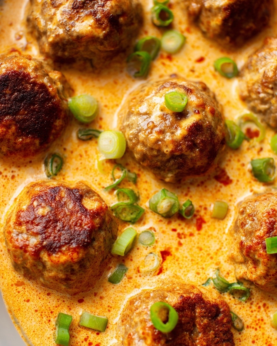 The image shows several browned meatballs covered in a creamy orange sauce with a slightly textured surface. The meatballs are arranged closely together, with some small green pieces, likely chopped green onions, sprinkled on top and around them. The sauce pools around the meatballs, adding a rich, smooth, and colorful layer beneath them on a white marbled surface. The overall look is warm and hearty, with a focus on the creamy sauce and the meatballs' golden-brown, slightly crispy texture. photo taken with an iphone --ar 4:5 --v 7