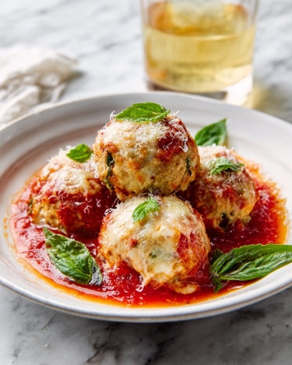 A white shallow bowl holds four golden brown baked meatballs nestled closely together, each topped with melted cheese that is slightly browned and bubbly. The meatballs sit in a vibrant red tomato sauce that fills the bottom of the bowl, with some fresh green basil leaves scattered around the meatballs for color contrast. The texture of the meatballs is firm with slight crispiness on the edges, and the cheese forms a soft, creamy layer on top. The background shows a white marbled surface with a glass of light-colored liquid nearby. photo taken with an iphone --ar 4:5 --v 7
