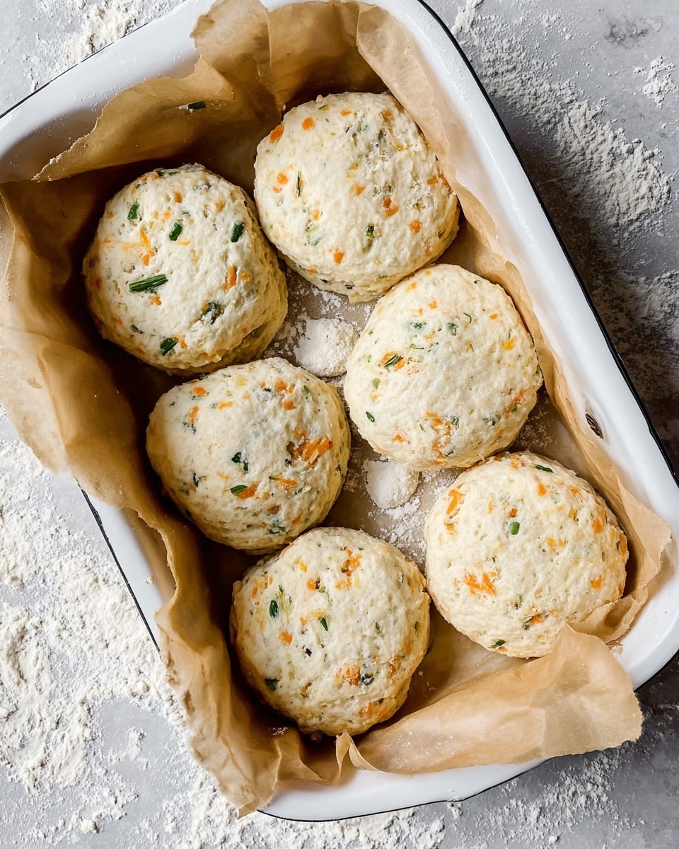 The image shows eight round, white biscuits with small orange and green spots, arranged in a white rectangular baking dish lined with light brown parchment paper. The biscuits have a soft, slightly crumbly texture with uneven tops and smooth sides. The dish is on a white marbled surface with scattered bits of flour and dough around it. Photo taken with an iphone --ar 4:5 --v 7