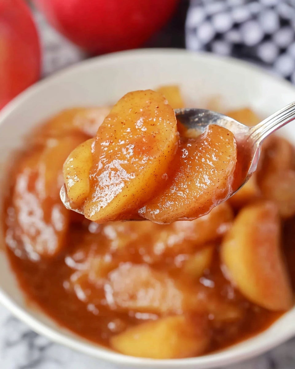The image shows a close-up of a spoon holding several slices of cooked apple coated in a thick, shiny, light brown sauce with visible hints of cinnamon and sugar on the surface. The apple slices are soft and slightly translucent, with a warm golden-yellow color mixed with the brown sauce. The spoon is held above a white bowl filled with more of the same apple slices and sauce. The background shows a blurred checkered cloth and a red fruit, all placed on a white marbled surface. photo taken with an iphone --ar 4:5 --v 7