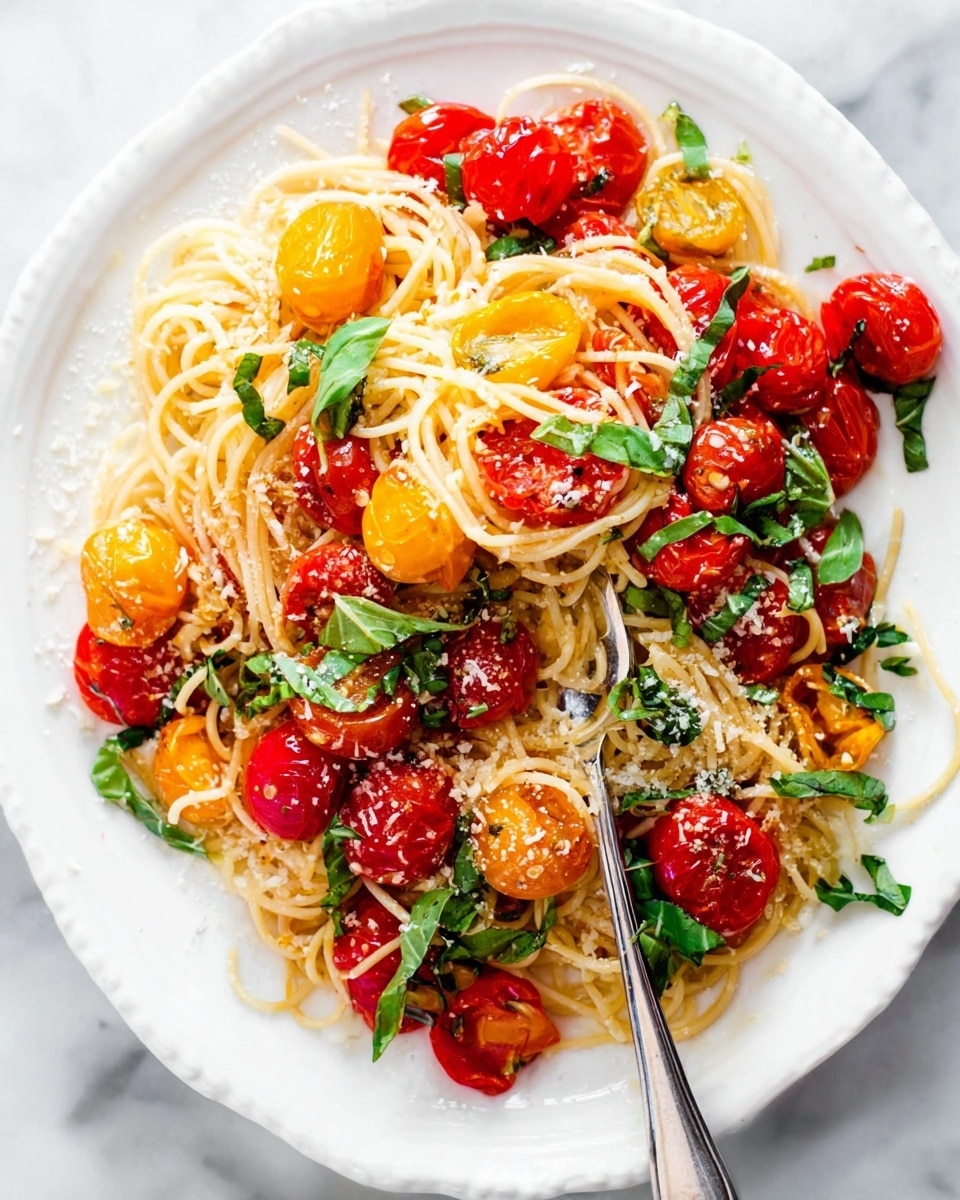 A white plate holds two small piles of light yellow spaghetti noodles mixed with bright red cherry tomatoes, some whole and some soft and broken, along with a few yellow tomatoes. Fresh green basil leaves are spread on top and around the pasta. A silver fork rests in the middle of the plate, partially sunk into the noodles. Tiny bits of light-colored grated cheese are sprinkled over the dish. The plate is set on a white marbled surface. photo taken with an iphone --ar 4:5 --v 7