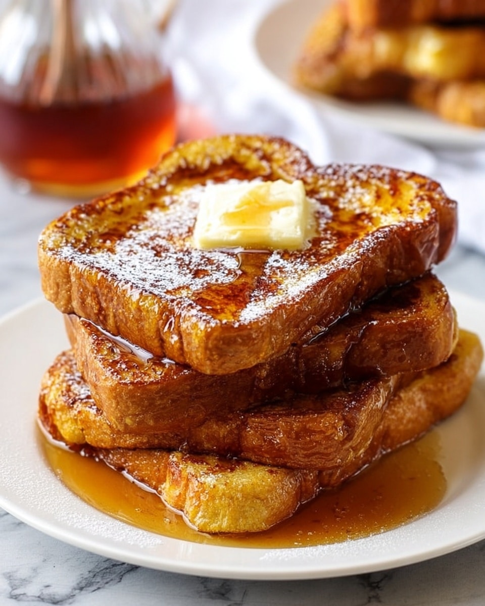 The image shows a stack of three thick slices of golden brown French toast placed in the center of a white plate. Each toast slice has a slightly crispy texture with a shiny, syrupy glaze dripping down the sides. On the top toast slice, there is a melting pat of pale yellow butter surrounded by a small pool of amber syrup spreading outward. The plate rests on a white marbled surface, and in the blurred background, there is a glass container filled with syrup and another plate with additional French toast pieces stacked on it. Photo taken with an iphone --ar 4:5 --v 7