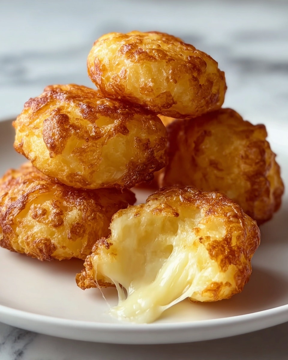 The image shows five golden brown, crispy cheese puffs stacked on a white plate. The cheese puffs have a textured, slightly uneven surface with some darker brown spots from cooking. One puff in the front is broken open, revealing a soft, creamy, melted cheese interior with stretchy cheese strands visible. The plate sits on a white marbled surface, and the lighting highlights the crispy texture and the creamy inside of the cheese puffs. photo taken with an iphone --ar 4:5 --v 7