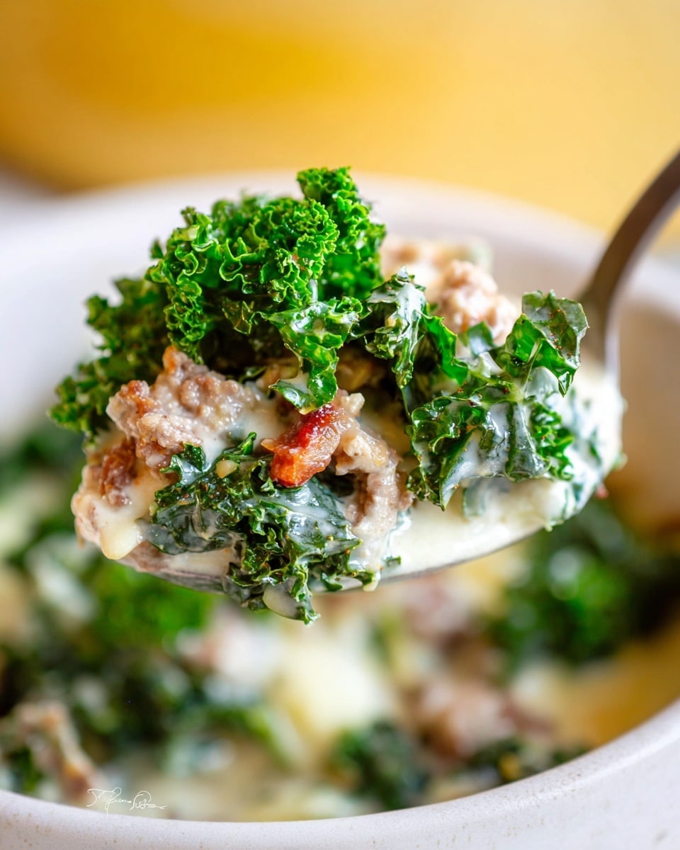 A close-up view of a spoon filled with a creamy dish showing three main layers: bright green curly kale on top with a fresh, slightly wet texture; beneath it, small pieces of light brown cooked meat mixed with bits of white and light yellow ingredients, creating a chunky texture; all sitting in a smooth, thick creamy white sauce that coats the other layers. The background is softly blurred with a warm yellow tone and the surface underneath is a white marbled texture. Photo taken with an iphone --ar 4:5 --v 7