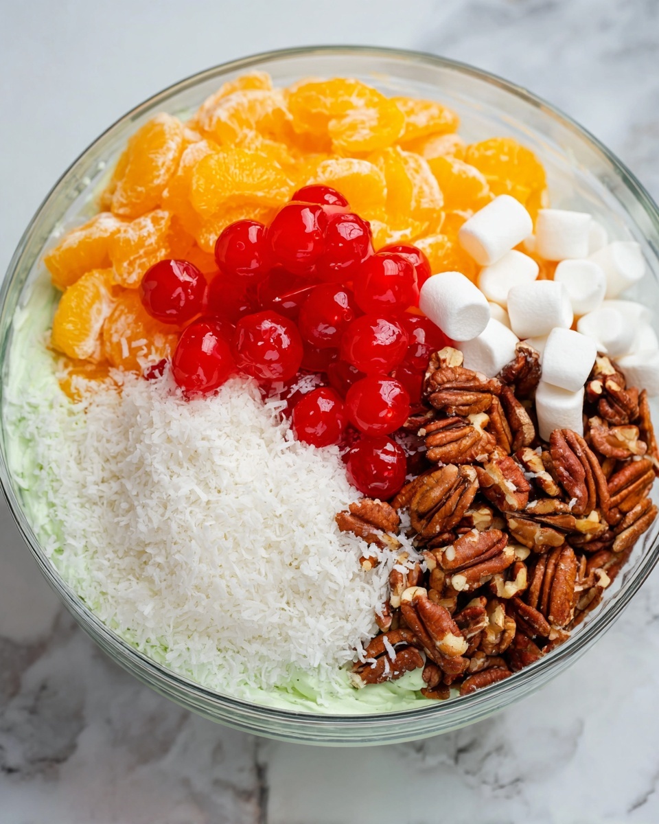 A clear glass bowl sits on a white marbled surface, filled with colorful layers of ingredients. Starting from the bottom, there is a light green creamy layer visible around the edges. On top of that, sections of bright orange mandarin segments, white small marshmallows, finely shredded white coconut, shiny bright red cherries, and brown pecans are neatly placed in separate groups, each showing its unique texture and color clearly. photo taken with an iphone --ar 4:5 --v 7