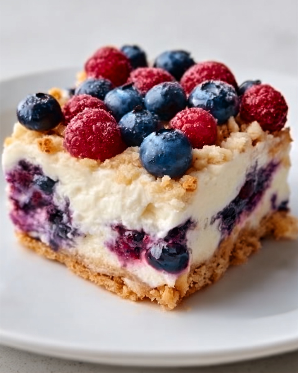 The image shows a rectangular baked blueberry dish in a white ceramic baking dish with two handles. The dish is cut into nine squares, revealing a golden yellow top layer dotted with whole blueberries that are slightly sunken and juicy, creating purple streaks. The edges of the dish are a deeper golden brown, showing a slightly firmer texture. The baking dish sits on a light wooden board placed on a white marbled surface. Around the baking dish, there are cracked eggshells on the left, a white dish with lemon slices at the top, a bowl of blueberries on the upper right, and a white cloth with a blue stripe on the lower right. Photo taken with an iphone --ar 4:5 --v 7