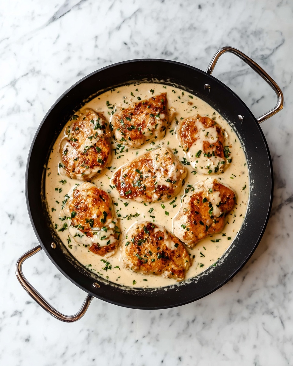 A black pan holds seven cooked pieces of golden brown meat arranged evenly, sitting in a creamy off-white sauce with visible small green herb bits scattered on top. The sauce fills the pan around the meat with a smooth texture. The pan is placed on a white marbled surface with soft grey veins and has silver handles on both sides. Photo taken with an iphone --ar 4:5 --v 7