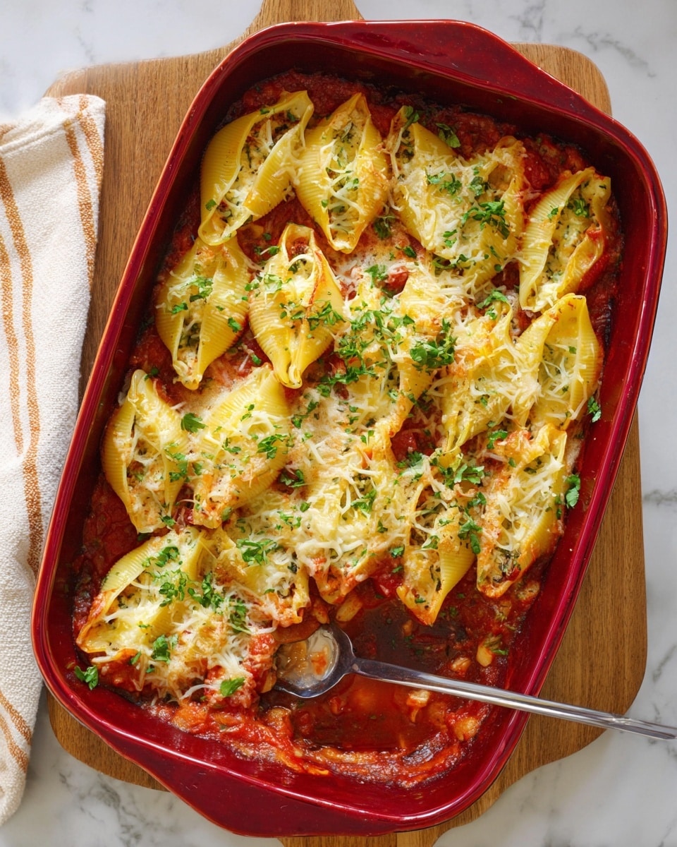 A red baking dish filled with large pasta shells stuffed and arranged in two layers, each shell showing a smooth pale yellow surface. The bottom layer is covered with a rich red tomato sauce mixed with chunks of vegetables and herbs. The top layer of pasta shells is covered with melted shredded cheese that is golden and bubbly with some browned spots, and sprinkled with fresh green chopped herbs. A metal spoon is partly inside the dish on the bottom right corner, resting against some pasta shells. The dish is placed on a wooden board over a white marbled surface with a beige and white striped towel nearby. photo taken with an iphone --ar 4:5 --v 7
