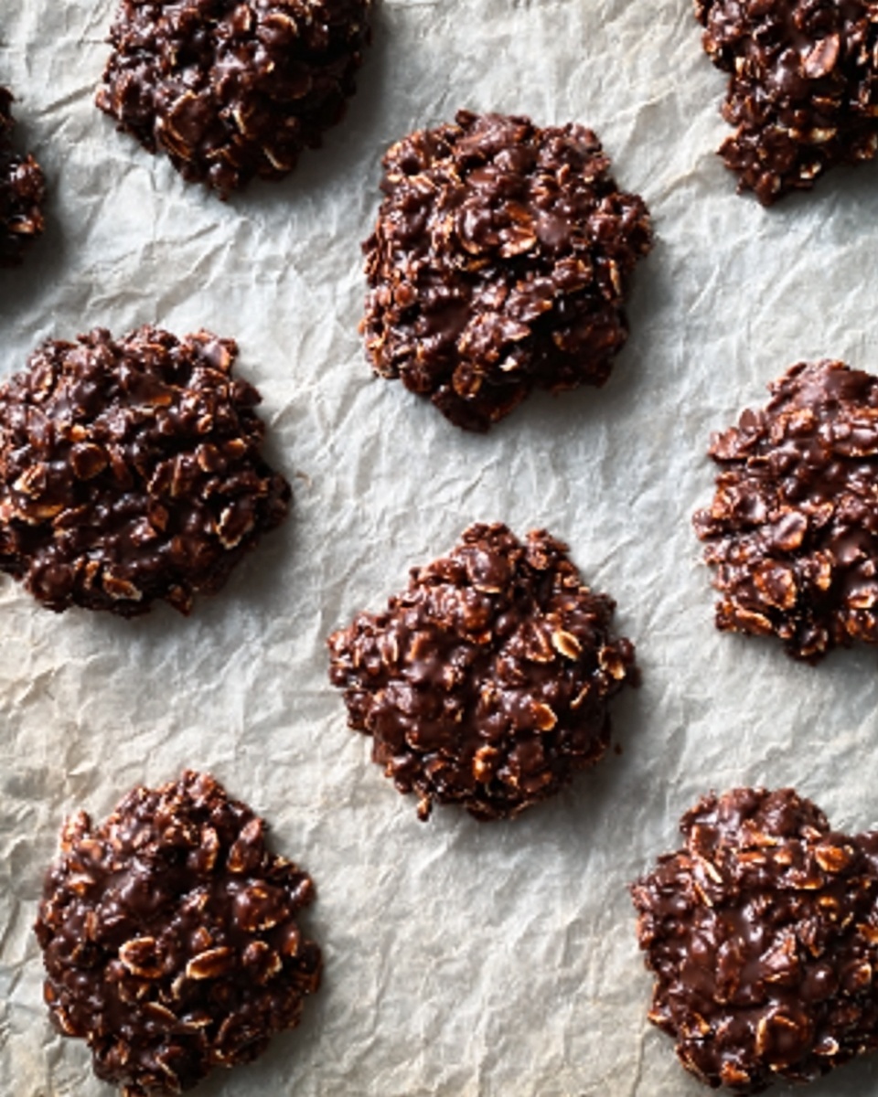 The image shows irregular round clusters of dark chocolate mixed with oats, placed on crinkled parchment paper. Each cluster has a rough, chunky texture with visible oats mixed in, giving a contrast between the dark chocolate brown and lighter oat pieces. The clusters are spaced out evenly across the parchment, creating a pattern of roughly similar-sized piles of chocolate and oats. The background beneath the parchment is a white marbled texture. Photo taken with an iphone --ar 4:5 --v 7