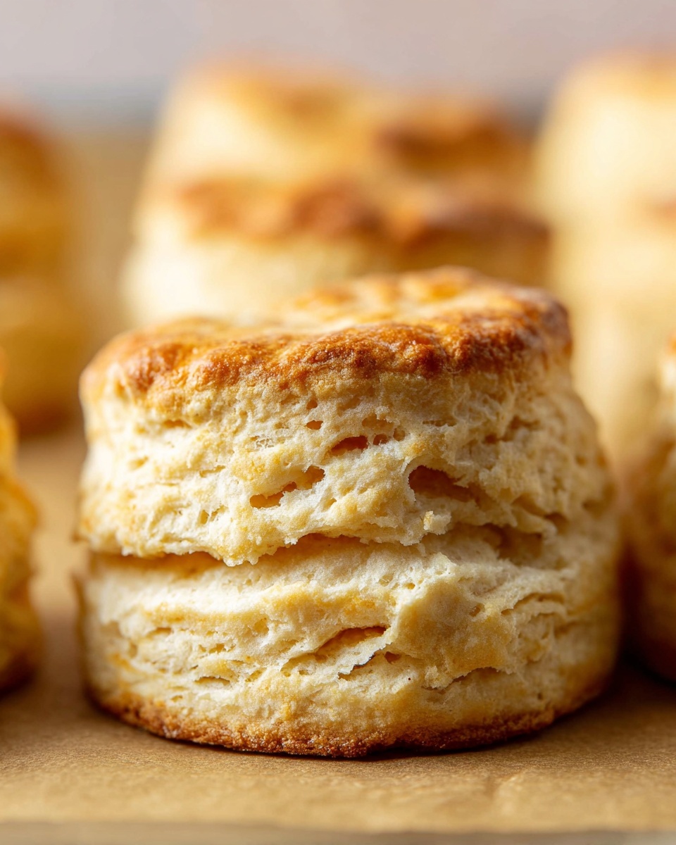 The image shows a close-up of a golden biscuit with a slightly crisp top. The biscuit has multiple visible layers, about four, with a soft, fluffy, and slightly crumbly texture. The layers range from light cream to a warm, light brown color on the edges. The biscuit sits on a light brown parchment-like surface with a soft focus on similar biscuits in the background. The overall feeling is warm and inviting, showing the biscuit’s thickness and airy inside. photo taken with an iphone --ar 4:5 --v 7
