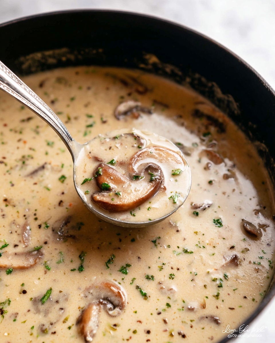 The image shows a creamy mushroom soup inside a black pot. The soup has a thick, smooth texture with small pieces of mushrooms and onions scattered throughout. There are whole slices of brown mushrooms visible on the surface, along with tiny green herb bits sprinkled evenly. A silver ladle is scooping up a portion, lifting a few mushroom slices and soup, highlighting the creamy richness and speckled seasoning within. The background is a white marbled texture. Photo taken with an iphone --ar 4:5 --v 7