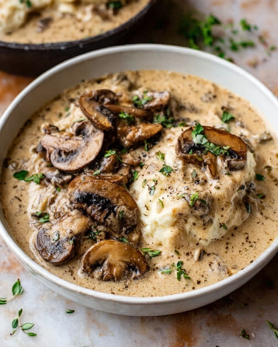 The image shows a creamy mushroom soup served in a white bowl with a subtle speckled texture. The soup is smooth and light brown, topped with several thin, roasted mushroom slices arranged in a small pile in the center. There are small green herb leaves scattered on top and around the mushrooms, along with a sprinkle of coarse black pepper or spice flakes. The bowl is placed on a white marbled surface, and part of a white plate with a piece of bread is visible on the side. A woman's hand is partially shown holding a spoon near the bowl. photo taken with an iphone --ar 4:5 --v 7