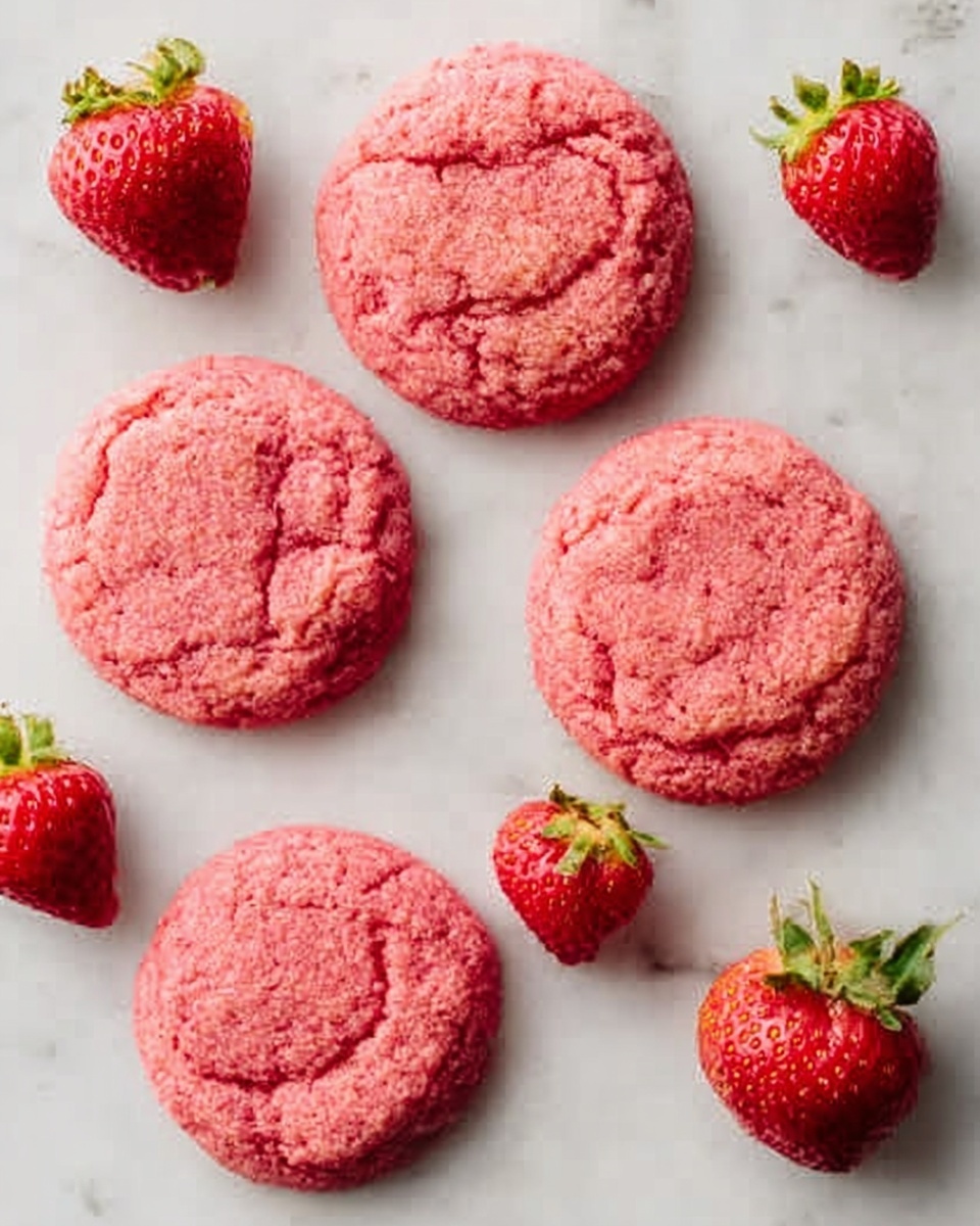 The image shows five round, pink cookies with a rough, crinkled texture spread out on a white marbled surface. Scattered near the cookies are four fresh strawberries with green leaves, adding a natural red and green contrast to the scene. The cookies have a slight golden edge, and their surface looks soft and crumbly. The layout is simple, with the cookies and strawberries spaced evenly, focusing on their vivid pink and red colors. photo taken with an iphone --ar 4:5 --v 7