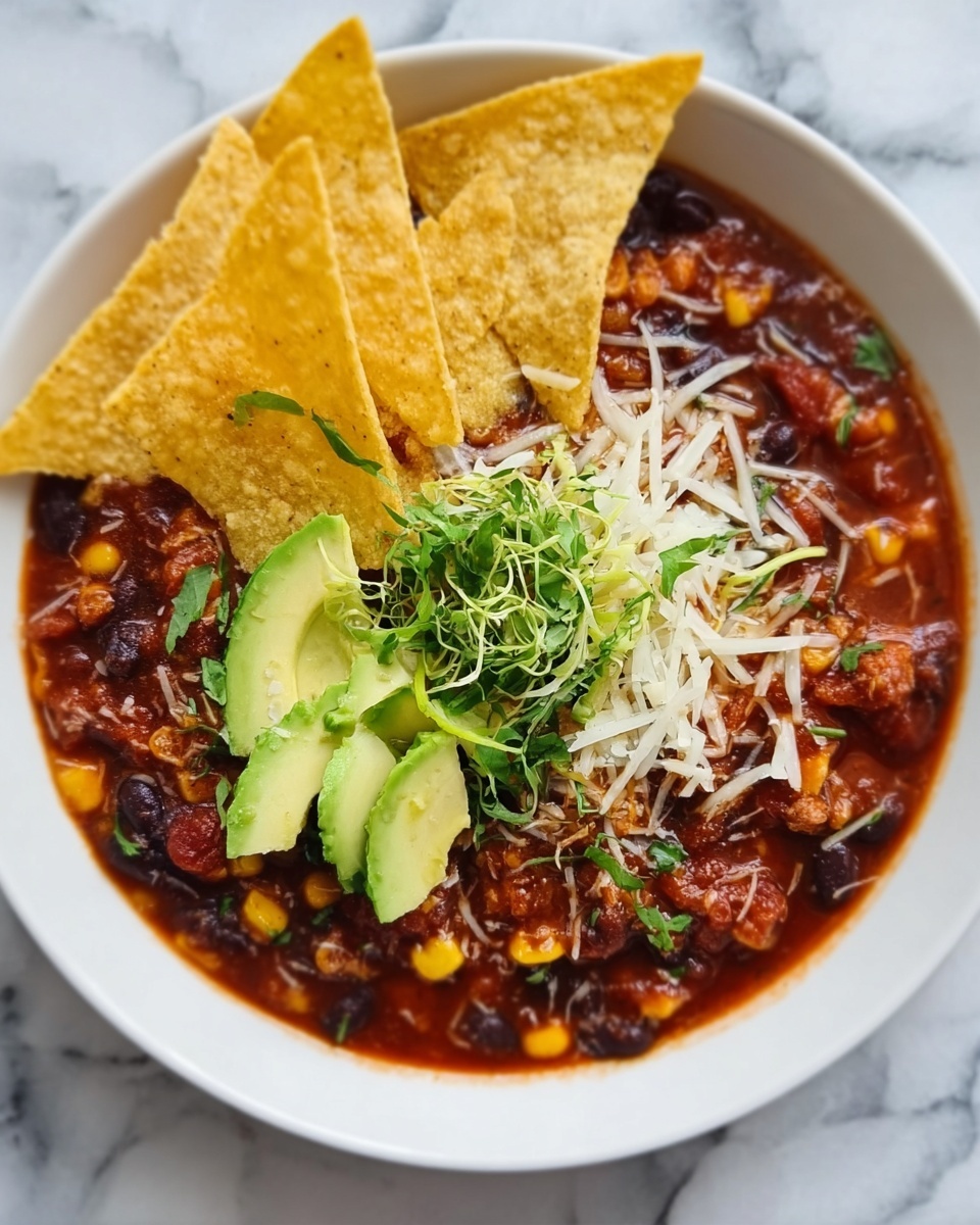 A white bowl sits on a white marbled surface, filled with a thick, dark red chili stew containing black beans, corn, and small pieces of meat, topped with sliced avocado and thin shredded white cheese in the center. On one side, three large yellow tortilla chips stand upright, partially resting in the chili, with some green chopped herbs sprinkled over the cheese. The overall look is colorful with layers of rich textures and fresh toppings. Photo taken with an iphone --ar 4:5 --v 7