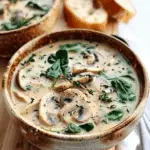 Creamy Rotisserie Chicken & Mushroom Soup with Spinach and Fresh Thyme – A Cozy Bowl of Comfort