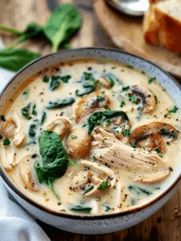 Creamy Rotisserie Chicken & Mushroom Soup with Spinach and Fresh Thyme – A Cozy Bowl of Comfort