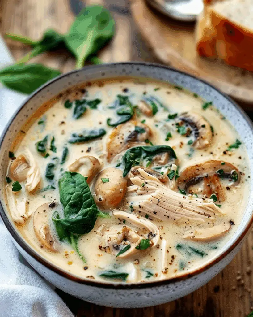 Creamy Rotisserie Chicken & Mushroom Soup with Spinach and Fresh Thyme – A Cozy Bowl of Comfort