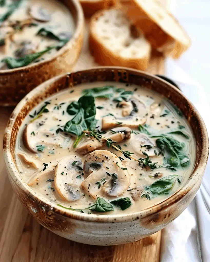 Creamy Rotisserie Chicken & Mushroom Soup with Spinach and Fresh Thyme – A Cozy Bowl of Comfort