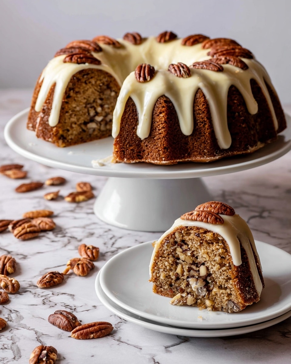 The image shows a bundt cake with a rich brown color and a slightly rough texture, placed on a white cake stand. The cake is topped with smooth white icing that drips down the sides in thick streams, decorated with whole pecans scattered evenly around the top. One slice is served on a white plate in the front, showing the inside of the cake filled with chopped nuts and the same white icing and pecan topping on the curved edge. The scene is set on a white marbled surface with loose pecans scattered around, enhancing the warm and inviting look of the cake photo taken with an iphone --ar 4:5 --v 7