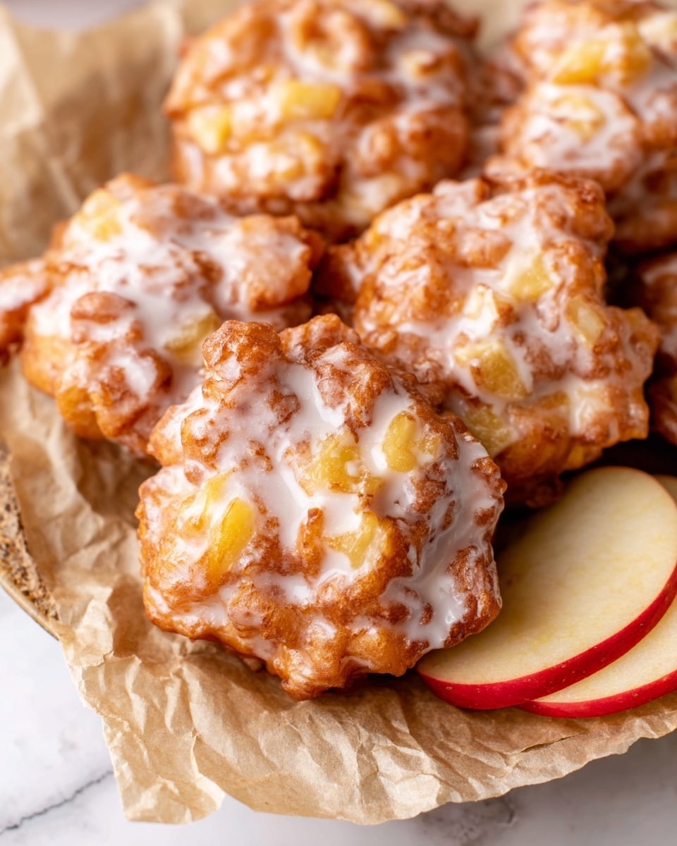 The image shows a close-up of several apple fritters placed on crumpled brown paper over a plate. Each fritter is golden brown with a rough, irregular shape and is covered in a white, shiny glaze that highlights small chunks of yellow apple and bits of nuts embedded in the fritter. On the right side, there are two thin slices of red-skinned apple resting on the paper. The background features a white marbled texture, creating a light and clean setting. photo taken with an iphone --ar 4:5 --v 7