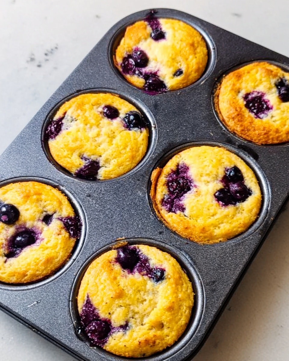 The image shows a metal muffin tray filled with six blueberry muffins. Each muffin has a golden yellow top with visible dark purple blueberries baked inside. The batter looks soft and slightly bumpy around the blueberries. The muffins are positioned evenly in the round slots of the tray, which sits on a white marbled surface. photo taken with an iphone --ar 4:5 --v 7