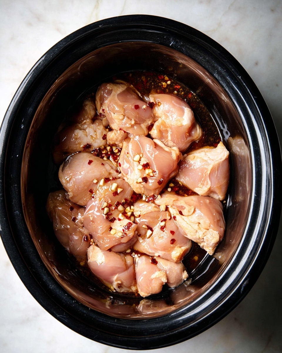 Inside a black slow cooker, there are several raw chicken pieces covered with a shiny marinade that has visible red pepper flakes and small bits of garlic. The chicken pieces are pale pink with occasional white fat. The slow cooker sits on a white marbled surface. Photo taken with an iphone --ar 4:5 --v 7