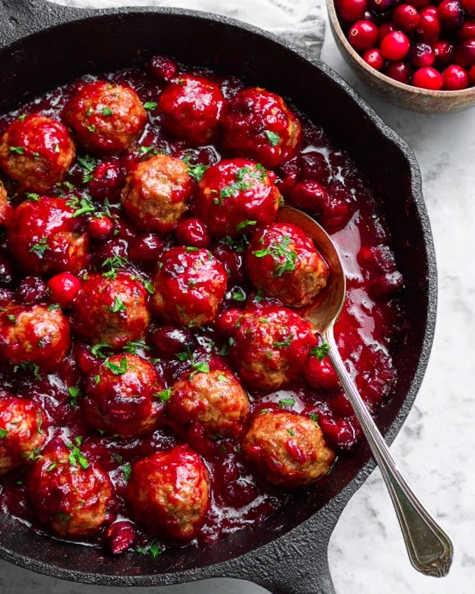 The image shows a black cast iron pan filled with about twenty round meatballs covered in thick red sauce with visible whole red cranberries mixed in. The meatballs are arranged in several layers, each coated evenly with the glossy sauce and some sprinkled with green herbs for color contrast. A silver spoon is placed inside the pan on the right side, slightly submerged in the sauce. The pan sits on a white marbled surface with a bowl of fresh red cranberries visible in the top right corner. Photo taken with an iphone --ar 4:5 --v 7