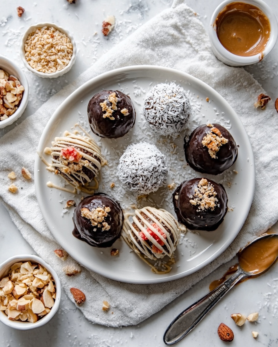 The image shows a white round plate with eight small round treats arranged in a circle on a soft white cloth. Four of the treats are dark brown with a smooth, glossy chocolate topping and a few sprinkled nuts on top. Three treats are covered in white coconut flakes with some shredded coconut falling around them. One treat is drizzled with a light brown sauce in thin zig-zag lines with some nut pieces on top. Around the plate, there are small bowls with more coconut flakes, nuts, and a spoon with brown sauce. The background is a white marbled surface. photo taken with an iphone --ar 4:5 --v 7
