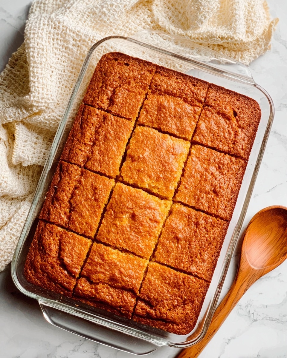The image shows a freshly baked rectangular cake with a golden-brown, slightly cracked top layer in a clear glass baking dish. The cake is scored into evenly sized squares, revealing a soft texture beneath the crust. The dish is placed on a white marbled surface, with cream-colored kitchen towels and a wooden spoon nearby adding a cozy feel to the scene. Photo taken with an iphone --ar 4:5 --v 7