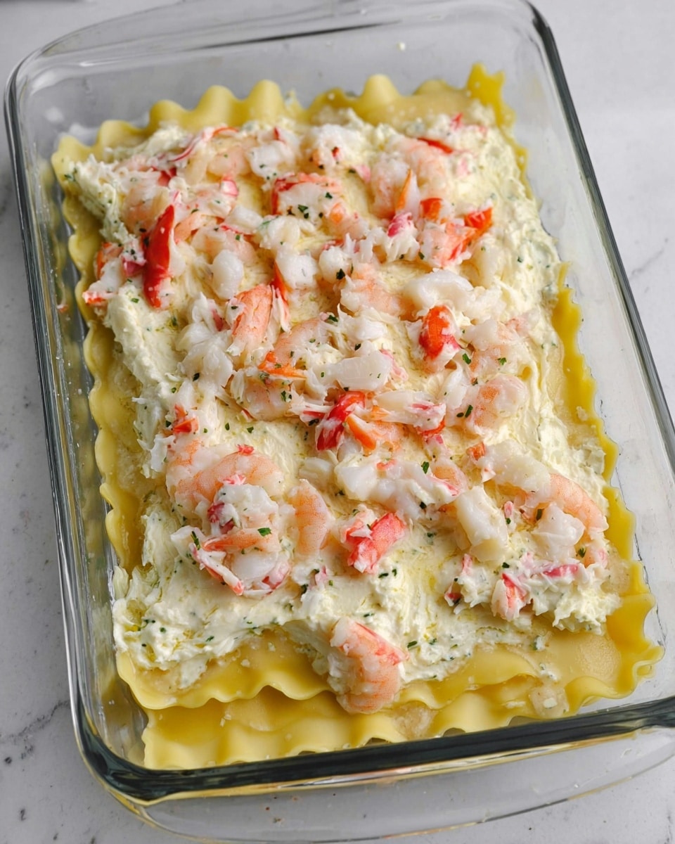 A thick slice of four-layer lasagna sits on a white plate, with creamy white sauce and chunks of pink lobster meat between each pasta layer. The top layer is golden brown with melted cheese, bubbly and slightly crisp. Fresh green parsley is sprinkled on top and around the plate, adding a splash of color. In the background, there is fresh bread on a wooden board and a light-colored cloth with forks. All is placed on a white marbled surface. photo taken with an iphone --ar 4:5 --v 7