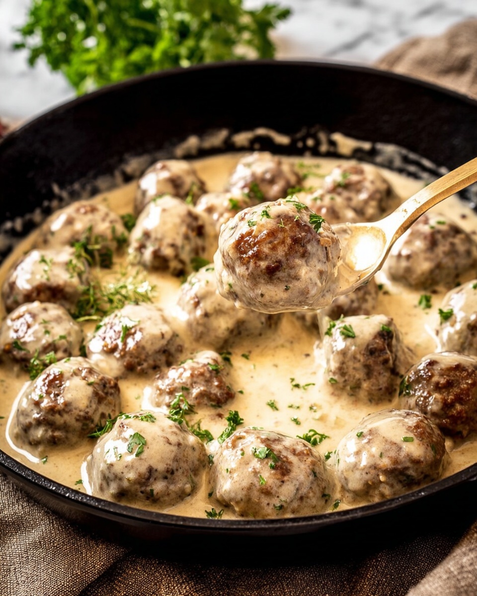 A black skillet filled with many round meatballs covered in a thick creamy beige sauce with small green herb pieces scattered throughout. The meatballs have a browned, textured surface partially visible under the sauce. A large spoon lifts three meatballs, showing the sauce dripping slightly with the meatballs resting together. In the background, there are green herbs out of focus, all set on a brown textured cloth over a white marbled surface. Photo taken with an iphone --ar 4:5 --v 7