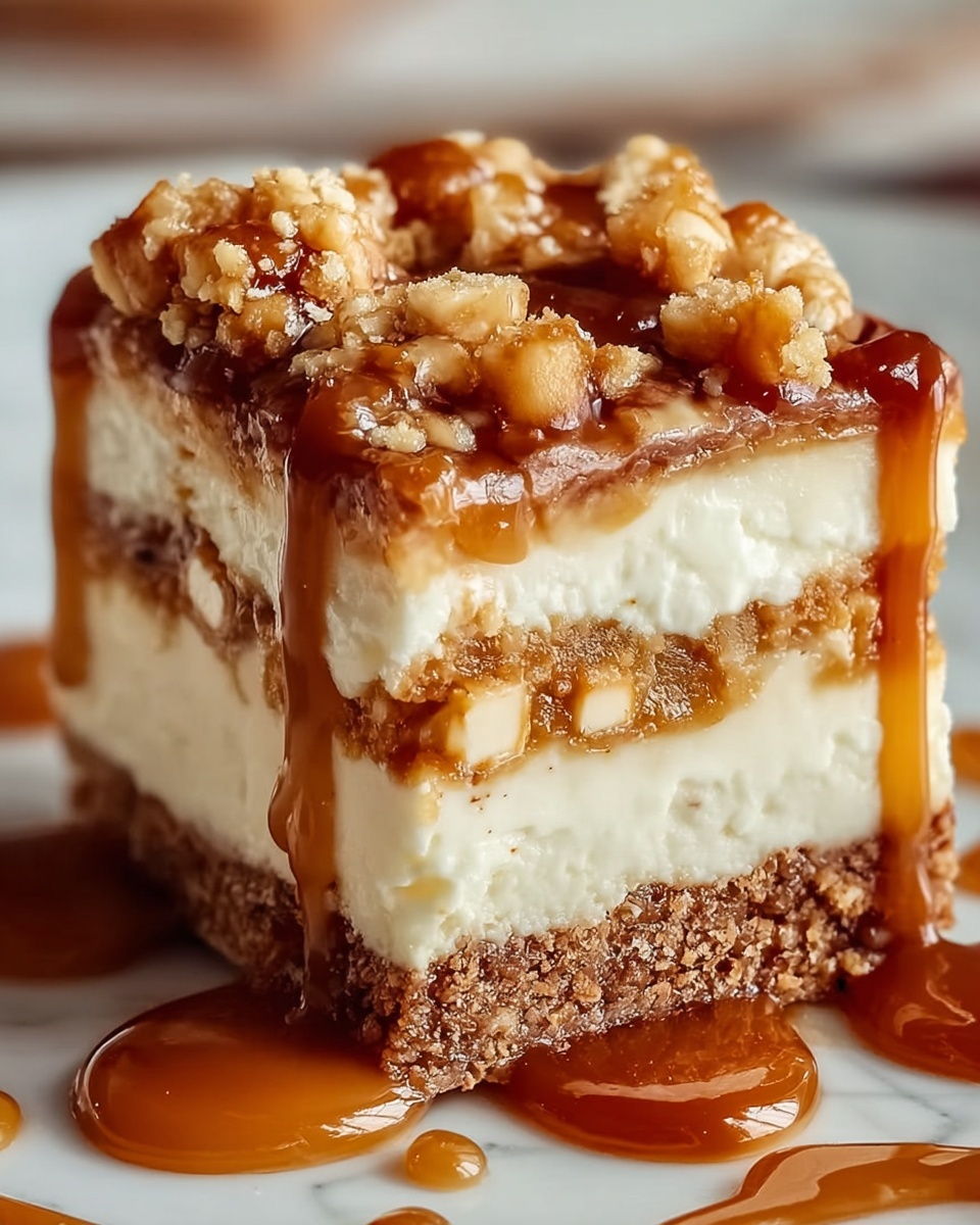 A slice of layered dessert sits on a white plate with a thin brown rim. The dessert has three clear layers: a crunchy light beige base, a thick creamy white middle layer, and a top layer of crumbled nuts and small pieces of what looks like cookie or biscuit, light brown in color. A shiny caramel sauce is being poured over the top, dripping down the sides. A woman's hand holds a caramel sauce container above the dessert. The background is a white marbled surface with a blurred second portion of the dessert in the back. Photo taken with an iphone --ar 4:5 --v 7