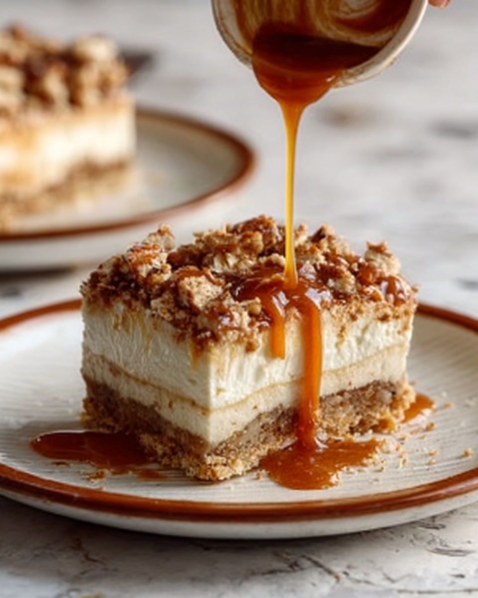 A close-up of a layered dessert with three main parts. The bottom layer is a thick, crumbly brown crust with a rough texture. Above it, there are two thick creamy white layers with a smooth texture and a thin caramel-colored layer in between. On top, there is a mix of small caramel-colored chunks and crumbly bits. The dessert is covered with a shiny, smooth caramel sauce that drips down the sides and pools on a white plate beneath it, all set on a white marbled surface. Photo taken with an iphone --ar 4:5 --v 7