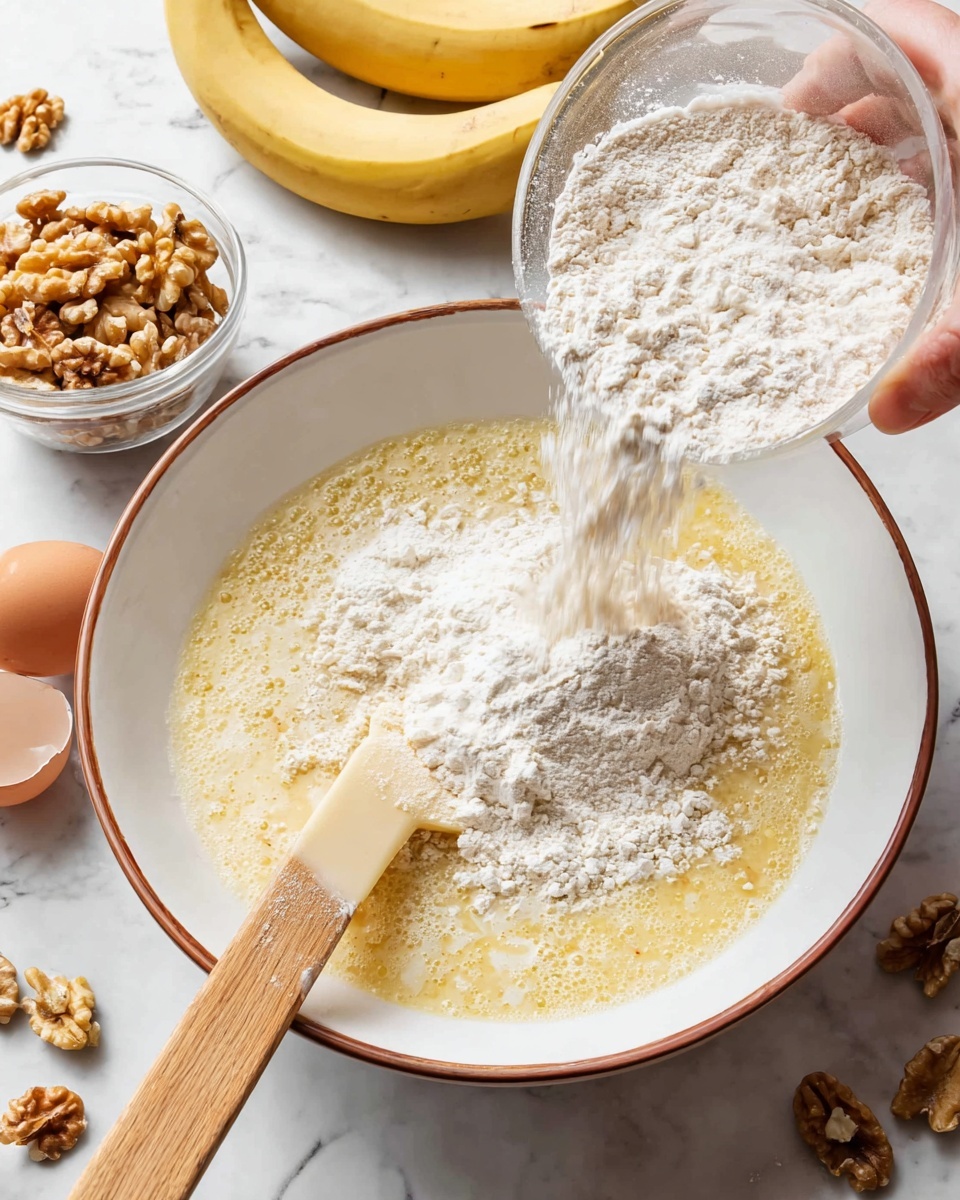 In a white bowl with a brown rim, there are two main layers: the bottom layer is a light yellow, foamy mixture likely made of mashed bananas and beaten eggs, and the top layer is white flour being poured from a clear glass cup held by a woman's hand. A beige spatula with a wooden handle rests inside the bowl, partly submerged in the yellow mixture. In the background, there is a small round glass bowl filled with chopped walnuts, several peeled and unpeeled bananas, and some eggshells scattered on a white marbled surface. Photo taken with an iphone --ar 4:5 --v 7