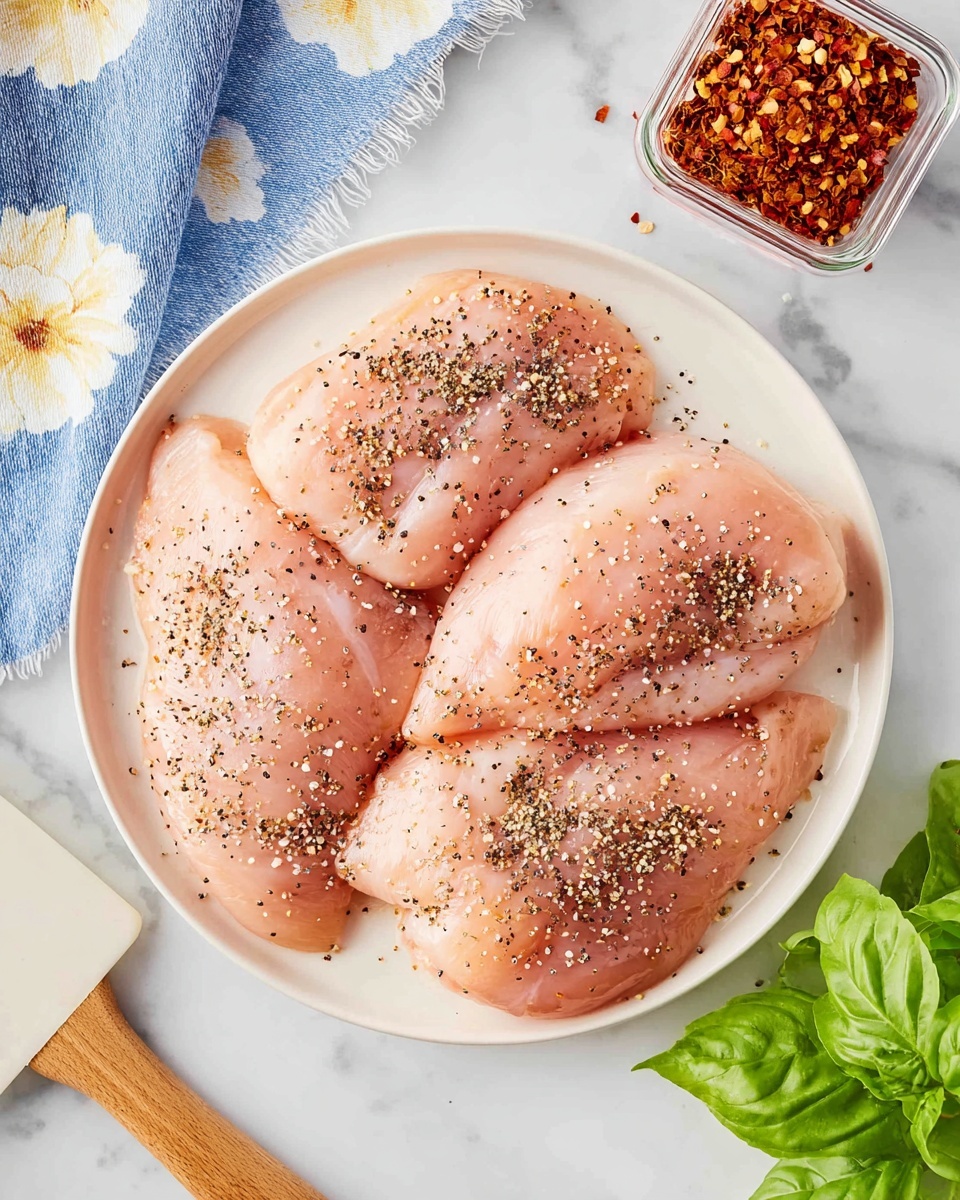 A white round plate holds four raw chicken pieces arranged close together, each piece sprinkled evenly with coarse black pepper and salt. The chicken has a pale pink color with a smooth, moist texture. The plate sits on a white marble surface with a blue cloth featuring large white and soft yellow flowers folded in the top left corner. To the top right, there is a square jar filled with red chili flakes, its lid placed next to the jar. At the bottom right, fresh green basil leaves add a touch of bright color, and a white kitchen spatula with a wooden handle is partially visible on the left side of the image. photo taken with an iphone --ar 4:5 --v 7