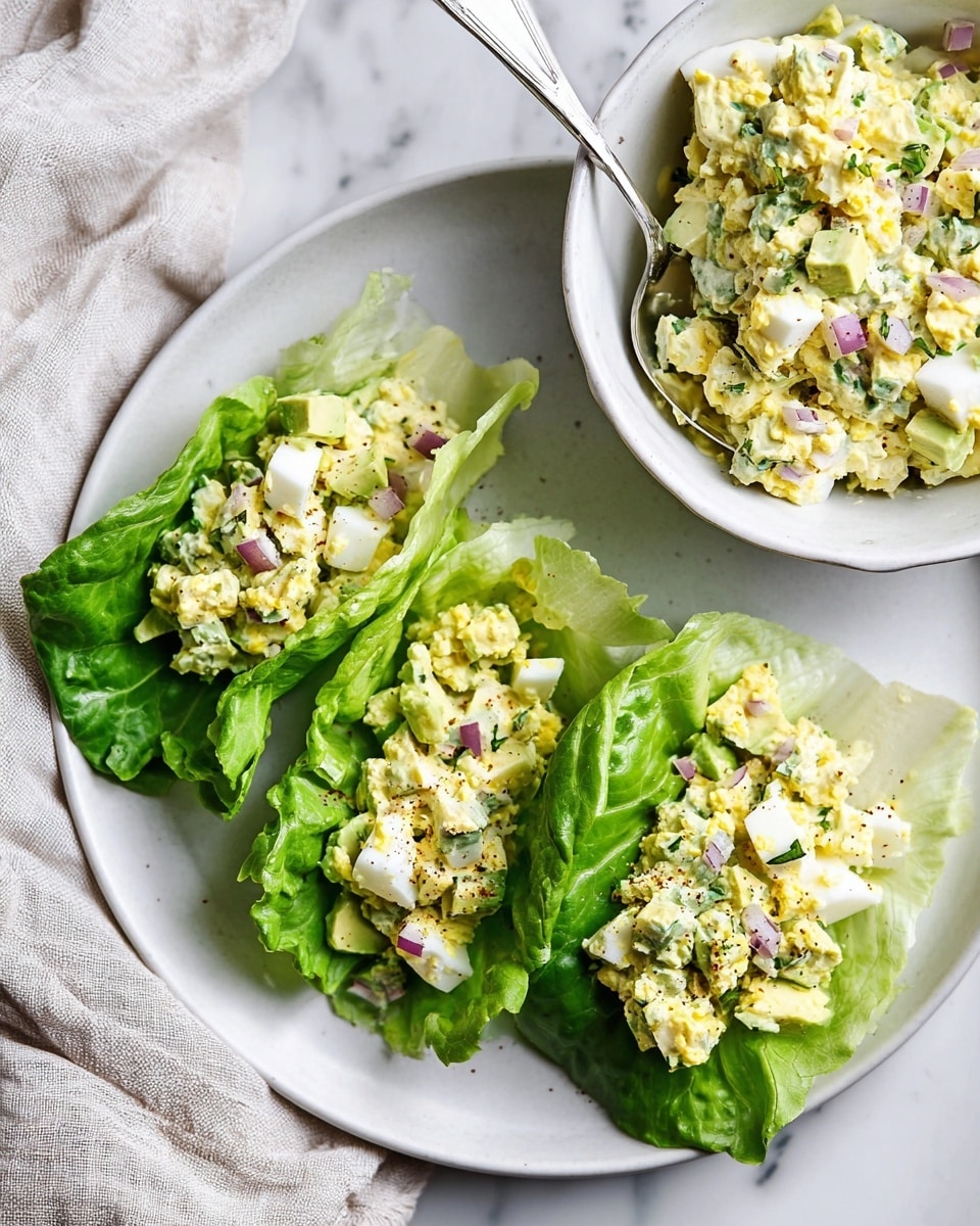 A white plate on a white marbled surface holds three pale green lettuce leaves arranged in a semi-circle, each topped with a creamy egg salad mix that includes chopped hard-boiled eggs with white and yellow pieces, small diced avocado, red onion bits, and green herbs, all lightly seasoned with black pepper. Behind the lettuce wraps sits a small white bowl filled with more egg salad, with a silver spoon resting inside it. A light-colored cloth is placed to the left side of the plate. The overall look is fresh and colorful with green, yellow, purple, and white tones. photo taken with an iphone --ar 4:5 --v 7