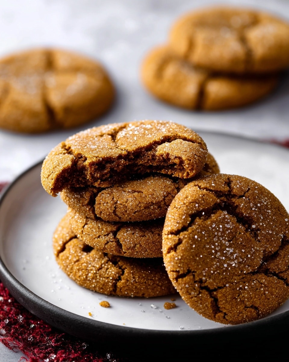 The image shows a stack of soft brown ginger cookies arranged in a small pile on a white plate, with one cookie broken in half on top showing its moist, textured inside. The cookies have a cracked surface with a light sprinkling of sugar crystals that sparkle, and their edges are gently rounded. The plate sits on a white marbled surface with two more cookies blurred in the background. The overall look is warm and cozy with a focus on the texture and sugar details. photo taken with an iphone --ar 4:5 --v 7