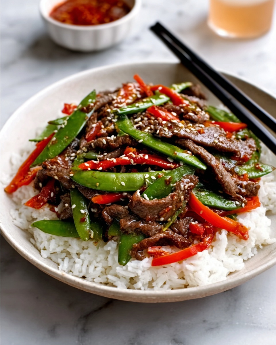 A white bowl filled with plain white rice as the base layer, topped with a colorful stir-fry mixture. The stir-fry has dark brown glossy cooked meat slices mixed with bright green snap peas, thin red pepper strips, and some light chili slices. The dish is sprinkled with small white sesame seeds scattered evenly on top. The bowl sits on a white marbled surface, with chopsticks resting on the edge. In the background, a small white bowl with red sauce is slightly out of focus. Photo taken with an iphone --ar 4:5 --v 7
